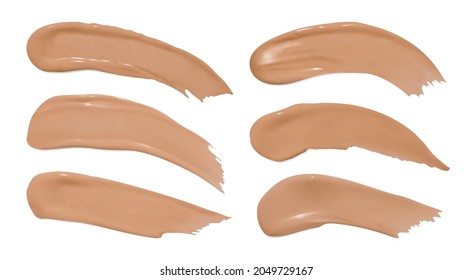 Foundation smudges. Make up concealer splash. Fashion vector swatch. Cosmetic brown background. Foundation smears. Face beauty powder. Makeup color product. Foundation cream isolated on white.