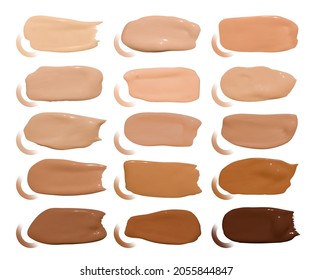 Stiftung schlägt vor. Schminkfellentropfen. Beige Mode-Swatch. Gesichtspflegeprodukt. Vector Liquid Foundation Smudges. Männerschminken Skin Shade Texture. Paint Foundation Smudges.