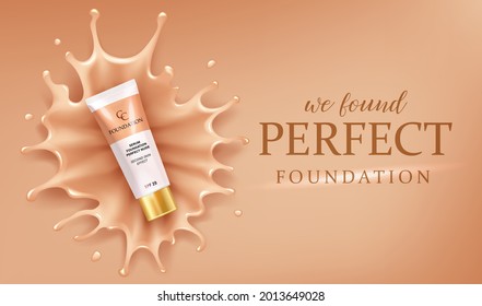 Foundation splash drops, makeup advertising design template for catalog with concealer cream packaging mock up with liquid foundation vector illustration