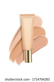 Foundation in tube on white background, concealer smears for advertising cosmetics. Vector