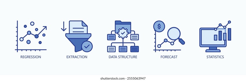 Foundations Of Data Analysis And Predictive Modeling Icon Set Vector Illustration Concept With Icon Of Regression, Extraction, Data Structure, Forecast, Statistics In Blue Style