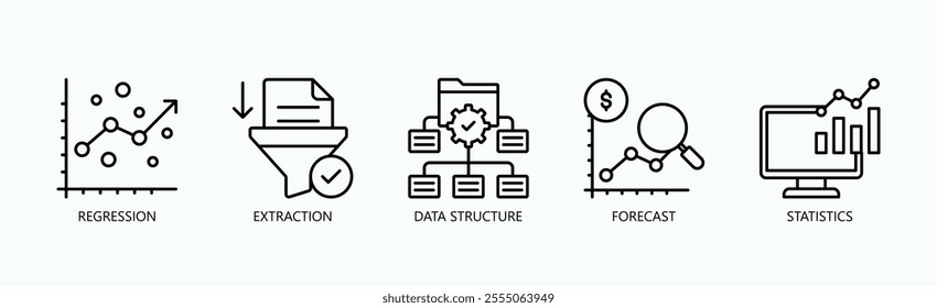 Foundations Of Data Analysis And Predictive Modeling Icon Set Vector Illustration Concept With Icon Of Regression, Extraction, Data Structure, Forecast, Statistics In Outline Style