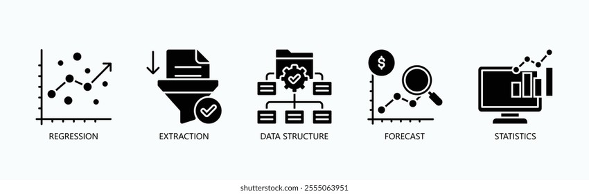 Foundations Of Data Analysis And Predictive Modeling Icon Set Vector Illustration Concept With Icon Of Regression, Extraction, Data Structure, Forecast, Statistics In Glyph Style