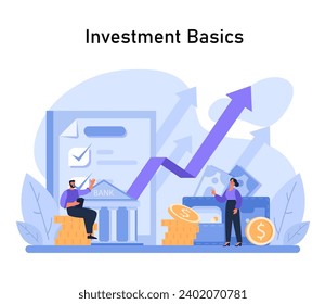 Fundaciones de la Inversión. Explorar los elementos esenciales del crecimiento financiero, entender las interacciones bancarias y la gestión inteligente de activos. Estrategias clave para el éxito de las inversiones. Vector plano.