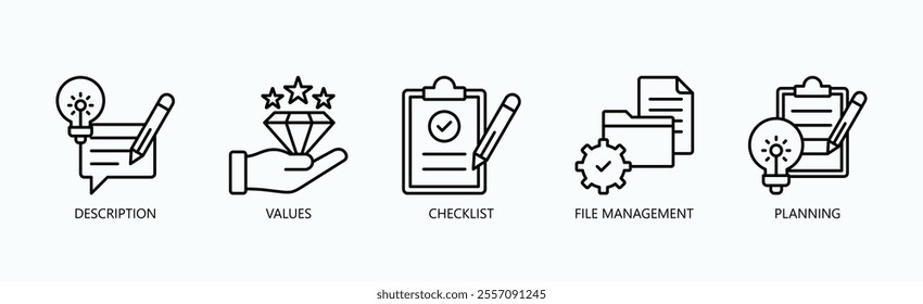 Foundations Of Organized Workflow And Strategic Planning Icon Set Vector Illustration Concept With Icon Of Description, Values, Checklist, File Management, Planning In Outline Style