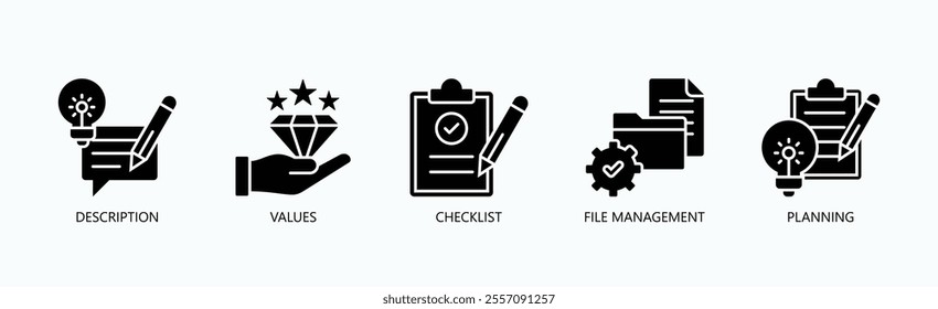 Foundations Of Organized Workflow And Strategic Planning Icon Set Vector Illustration Concept With Icon Of Description, Values, Checklist, File Management, Planning In Glyph Style