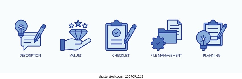 Foundations Of Organized Workflow And Strategic Planning Icon Set Vector Illustration Concept With Icon Of Description, Values, Checklist, File Management, Planning In Blue Style