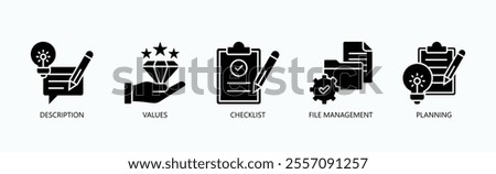 Foundations Of Organized Workflow And Strategic Planning Icon Set Vector Illustration Concept With Icon Of Description, Values, Checklist, File Management, Planning In Glyph Style