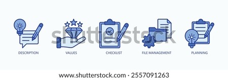 Foundations Of Organized Workflow And Strategic Planning Icon Set Vector Illustration Concept With Icon Of Description, Values, Checklist, File Management, Planning In Blue Style