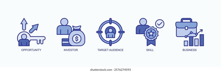 Foundations Of Success Icon Set Isolated Vector With Icon Of Opportunity, Investor, Target Audience, Skill, Business In Blue Style