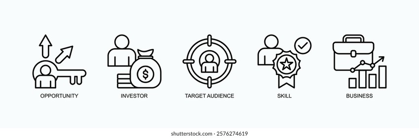 Foundations Of Success Icon Set Isolated Vector With Icon Of Opportunity, Investor, Target Audience, Skill, Business In Outline Style
