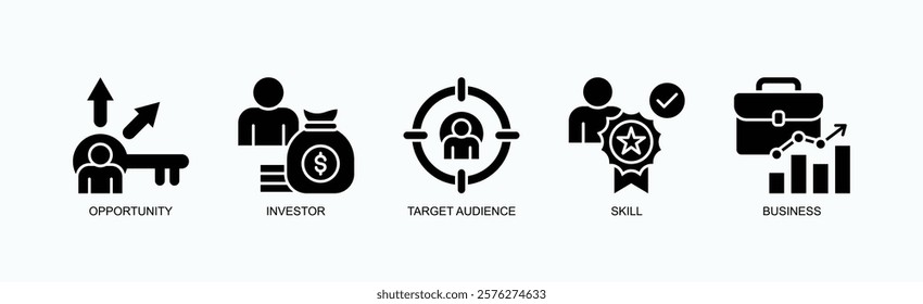 Foundations Of Success Icon Set Isolated Vector With Icon Of Opportunity, Investor, Target Audience, Skill, Business In Glyph Style