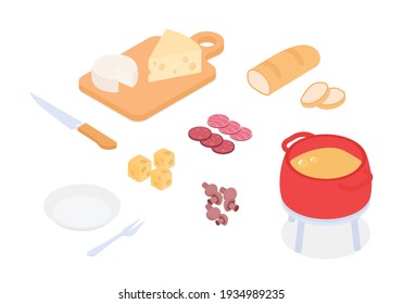 Founde set with cheeses, bread. Isometric vector illustration in flat design.
