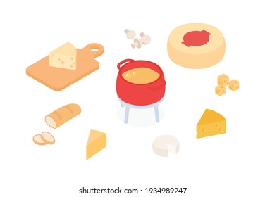 Founde set with cheeses, bread. Isometric vector illustration in flat design.