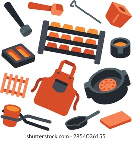 Foundry tools and materials, gold bars on rack, crucible, ladle