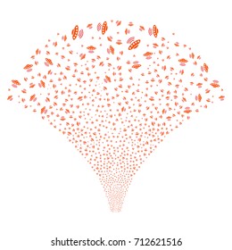 Fountain of alien invasion icons. Vector illustration style is flat intensive red and orange iconic symbols on a white background. Object stream made from scattered symbols.