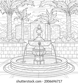 Fountain among the palm trees.Coloring book antistress for children and adults. Illustration isolated on white background.Zen-tangle style. Hand draw