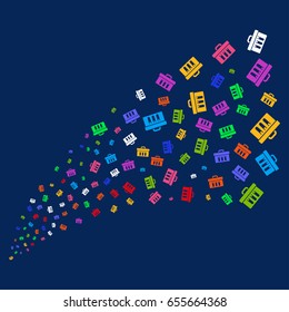 Fountain of analysis symbols. Vector illustration style is flat bright multicolored analysis iconic symbols on a blue background. Object fountain made from scattered icons.