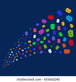 Fountain of baht icons. Vector illustration style is flat bright multicolored baht iconic symbols on a blue background. Object salute constructed from confetti pictographs.