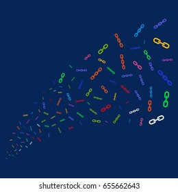 Fountain of chains symbols. Vector illustration style is flat bright multicolored chains iconic symbols on a blue background. Object stream combined from scattered pictographs.