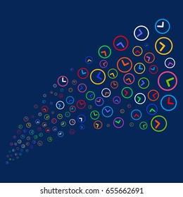 Fountain of clock symbols. Vector illustration style is flat bright multicolored clock iconic symbols on a blue background. Object source done from scattered design elements.