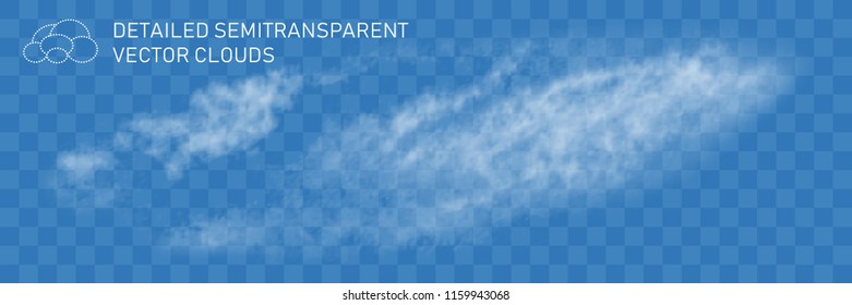 Fountain clouds. Realistic transparent vector illustration. Light decoration for pattern. Detailed natural steam texture. Gorizontal flow wind isolated. Real mesh grid technology.