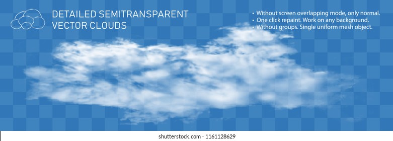 Fountain clouds. Realistic transparent vector illustration. Light decoration for pattern. Detailed natural steam texture. Gorizontal flow wind isolated. Real mesh grid technology.