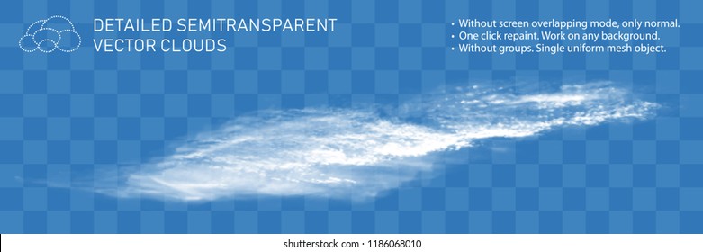 Fountain clouds. Realistic transparent vector illustration. Light decoration for pattern. Detailed natural steam texture. Gorizontal flow wind isolated. Real mesh grid technology.