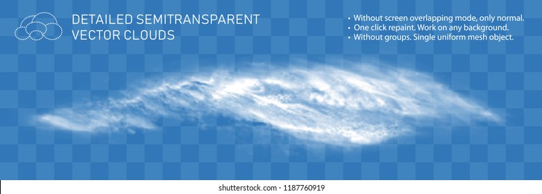 Fountain clouds. Realistic transparent vector illustration. Light decoration for pattern. Detailed natural steam texture. Gorizontal flow wind isolated. Real mesh grid technology.