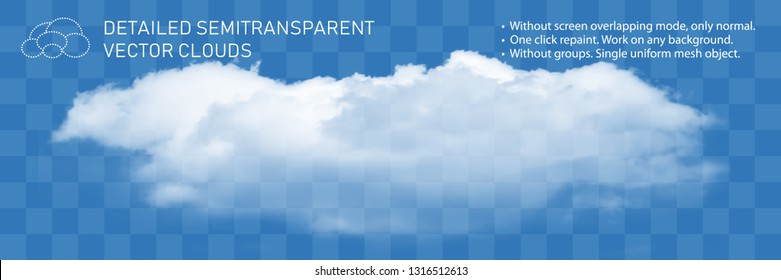 Fountain clouds. Realistic transparent vector illustration. Light decoration for pattern. Detailed natural steam texture. Gorizontal flow wind isolated. Real mesh grid technology.