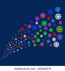 Fountain of cog symbols. Vector illustration style is flat bright multicolored cog iconic symbols on a blue background. Object salute constructed from random design elements.