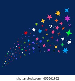Fountain of confetti stars symbols. Vector illustration style is flat bright multicolored confetti stars iconic symbols on a blue background. Object fountain organized from scattered pictograms.