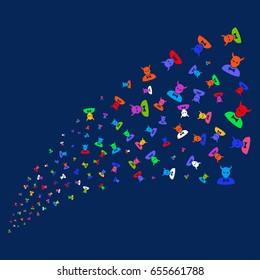 Fountain of devil symbols. Vector illustration style is flat bright multicolored devil iconic symbols on a blue background. Object fountain created from confetti pictographs.