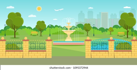 Fountain and fence in the park. Summer landscape. Vector flat style illustration