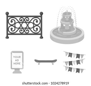 Fountain, fence, skate, billboard.Park set collection icons in monochrome style vector symbol stock illustration web.
