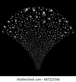 Fountain of first satellite symbols. Vector illustration style is flat white iconic symbols on a black background. Object fountain made from scattered icons.