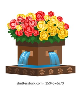 Fountain in the form of a brown box with red and yellow roses with green leaves .Isolated on a white background. Vector cartoon close-up illustration.