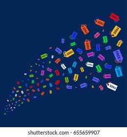 Fountain of free tag symbols. Vector illustration style is flat bright multicolored free tag iconic symbols on a blue background. Object salute created from random pictographs.