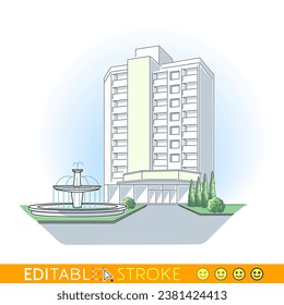 Fountain in front of the modern residential building. Real estate concept. Paperwork for mortgage or tenement. Sketch vector with editable stroke. Vector illustration
