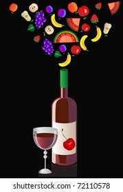 Fountain of fruit from a bottle with wine