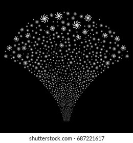 Fountain of galaxy symbols. Vector illustration style is flat white iconic symbols on a black background. Object stream organized from scattered pictograms.