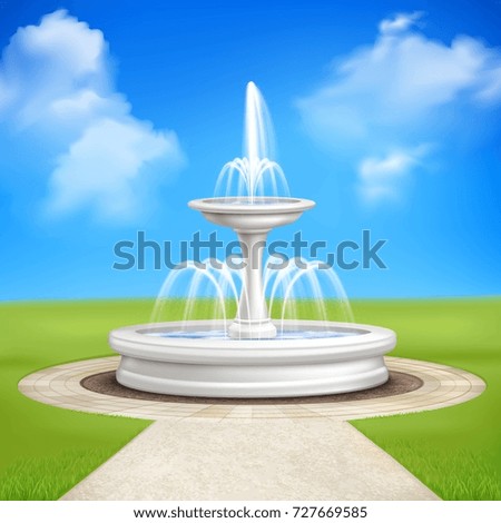 Fountain in garden at blue sky background realistic vintage composition with track lined by paving tiles and lawn grass vector illustration 