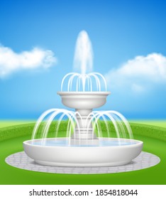 Fountain in garden. Water jet splashes spray on decorative grass outdoor realistic fountains vector background
