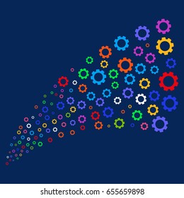 Fountain of gear symbols. Vector illustration style is flat bright multicolored gear iconic symbols on a blue background. Object fountain made from scattered pictograms.