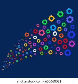 Fountain of gear symbols. Vector illustration style is flat bright multicolored gear iconic symbols on a blue background. Object salute done from random design elements.