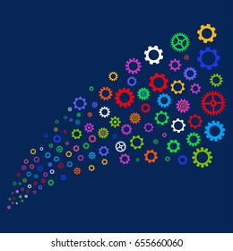 Fountain of gears and cogs symbols. Vector illustration style is flat bright multicolored gears and cogs iconic symbols on a blue background. Object fountain organized from scattered pictograms.