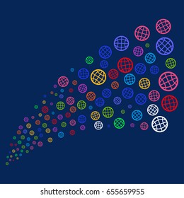 Fountain of globe symbols. Vector illustration style is flat bright multicolored globe iconic symbols on a blue background. Object stream organized from random pictographs.