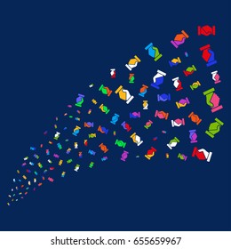 Fountain of handshake icons. Vector illustration style is flat bright multicolored handshake iconic symbols on a blue background. Object salute combined from scattered symbols.
