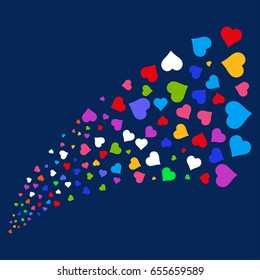Fountain of heart icons. Vector illustration style is flat bright multicolored heart iconic symbols on a blue background. Object source combined from confetti pictograms.