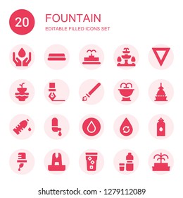 fountain icon set. Collection of 20 filled fountain icons included Water, Fountain, Ink pen, Mole antonelliana